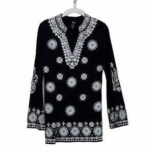 INC International Concepts Boho Embroidered Top Women's S Black White